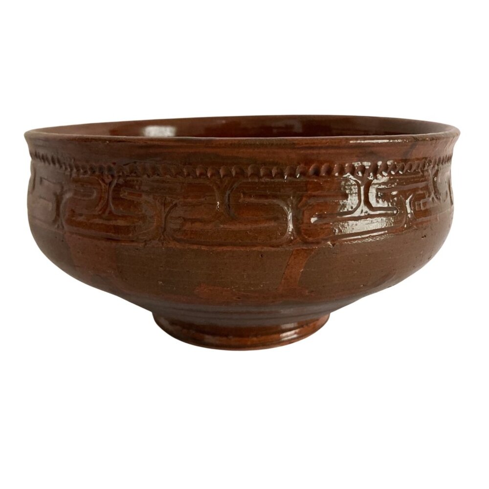Vintage MCM Brown Pottery Bowl With Geometric Design Numbered